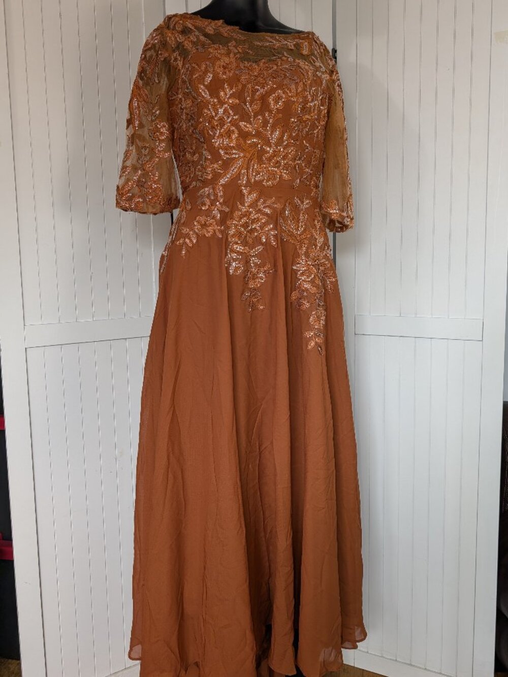 MU XIANG CHEN Copper Sequin Embroidered Mesh Gown Formal Dress Maxi Approx Small
